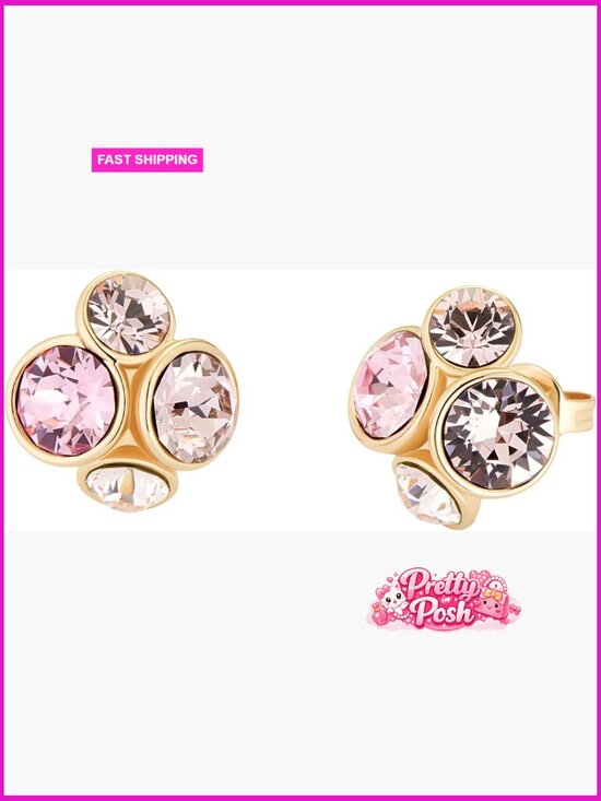 Jewelry - Cluster Stud Earrings - Gold Tone Plated Brass with Pink Crystals